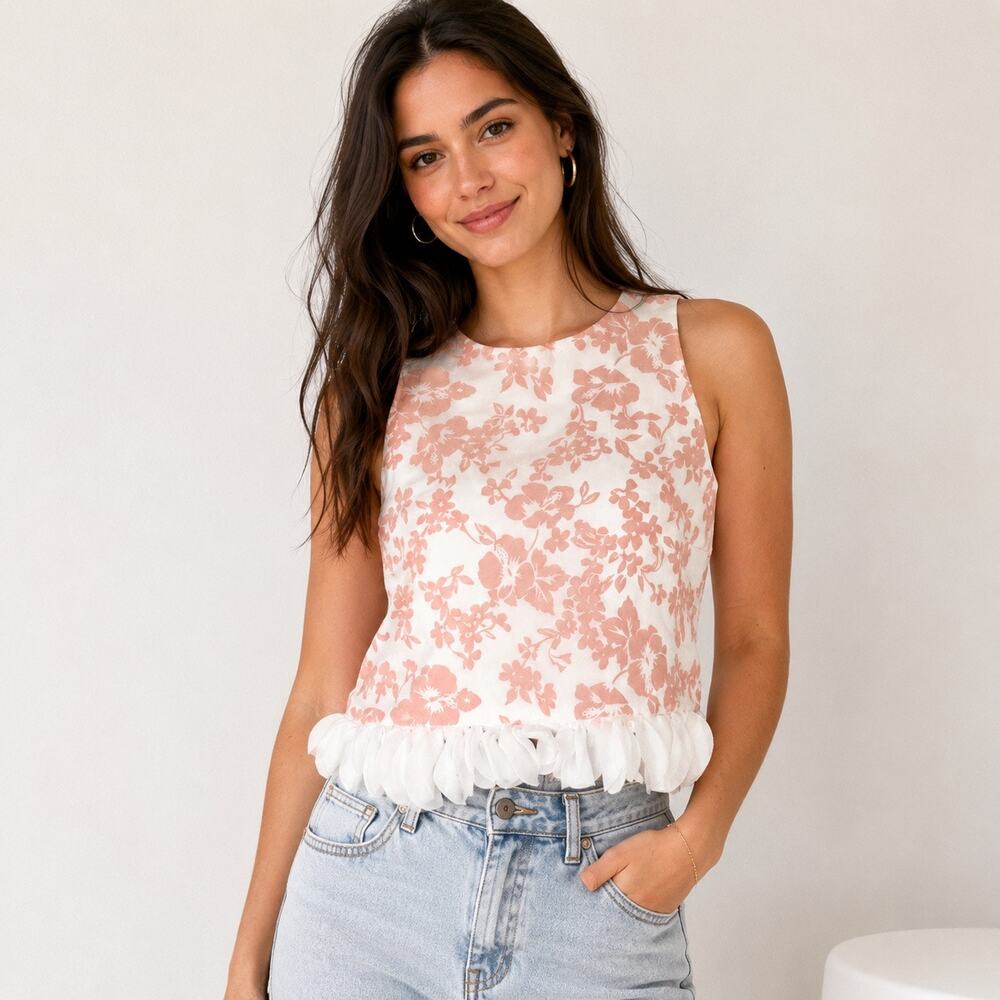La Lavon Women’s Small Pink Floral Ruffle Hem Sleeveless Crop Top Romantic